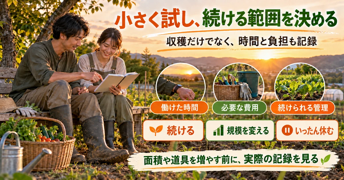 時間、費用、管理の記録から続ける、規模を変える、休むを選ぶ生成画像