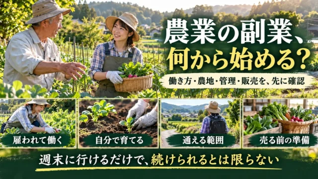 農業の副業で雇用、自営、通える範囲と販売準備を考える生成画像