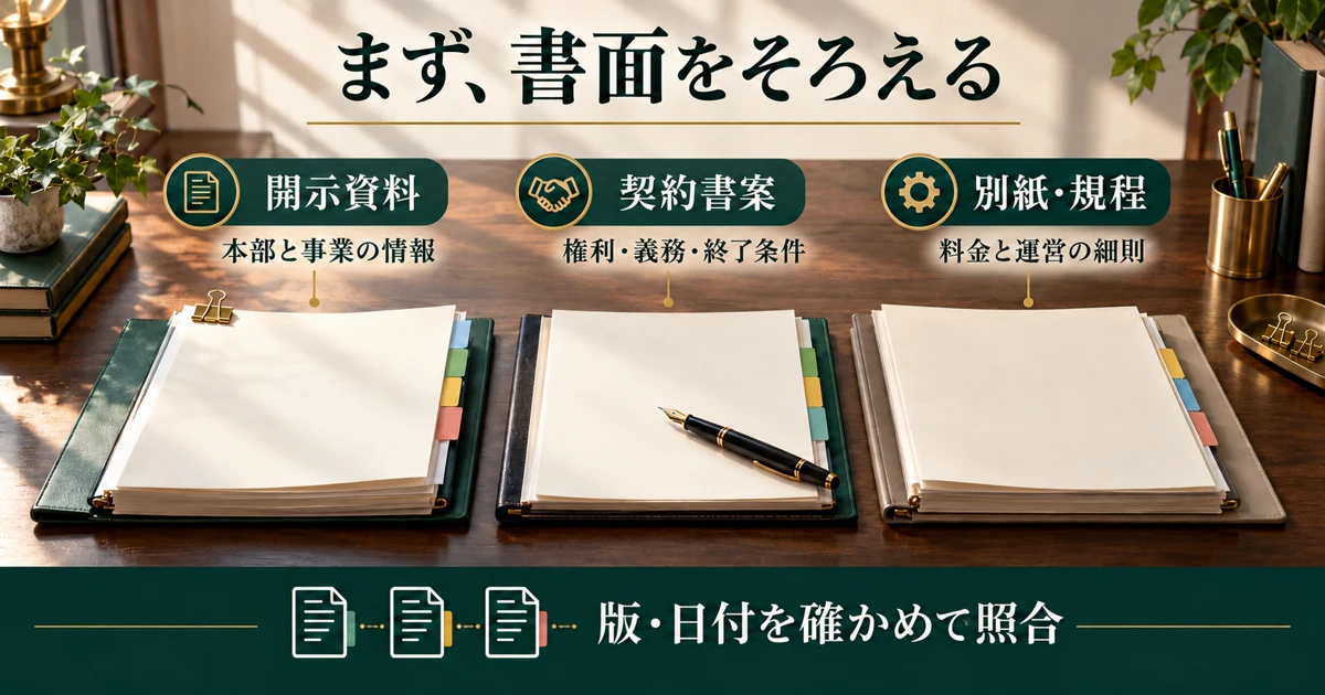 開示資料、契約書案、別紙と規程の版と日付を確認して照合する説明用生成画像