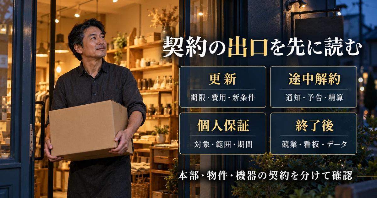 契約更新、途中解約、個人保証、終了後の義務を整理する説明用生成画像