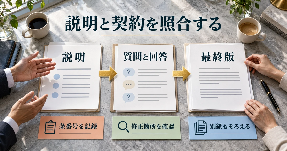 説明と質問への回答を契約の最終版に照合する手順の説明用生成画像