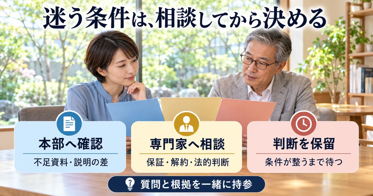 不足条件の確認、専門家への相談、判断の保留を整理する説明用生成画像