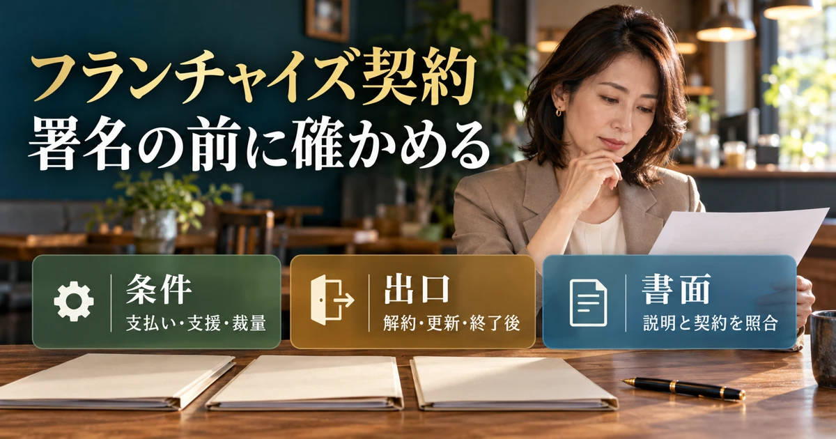 フランチャイズ契約の条件、出口、書面を確認する加盟希望者の説明用生成画像