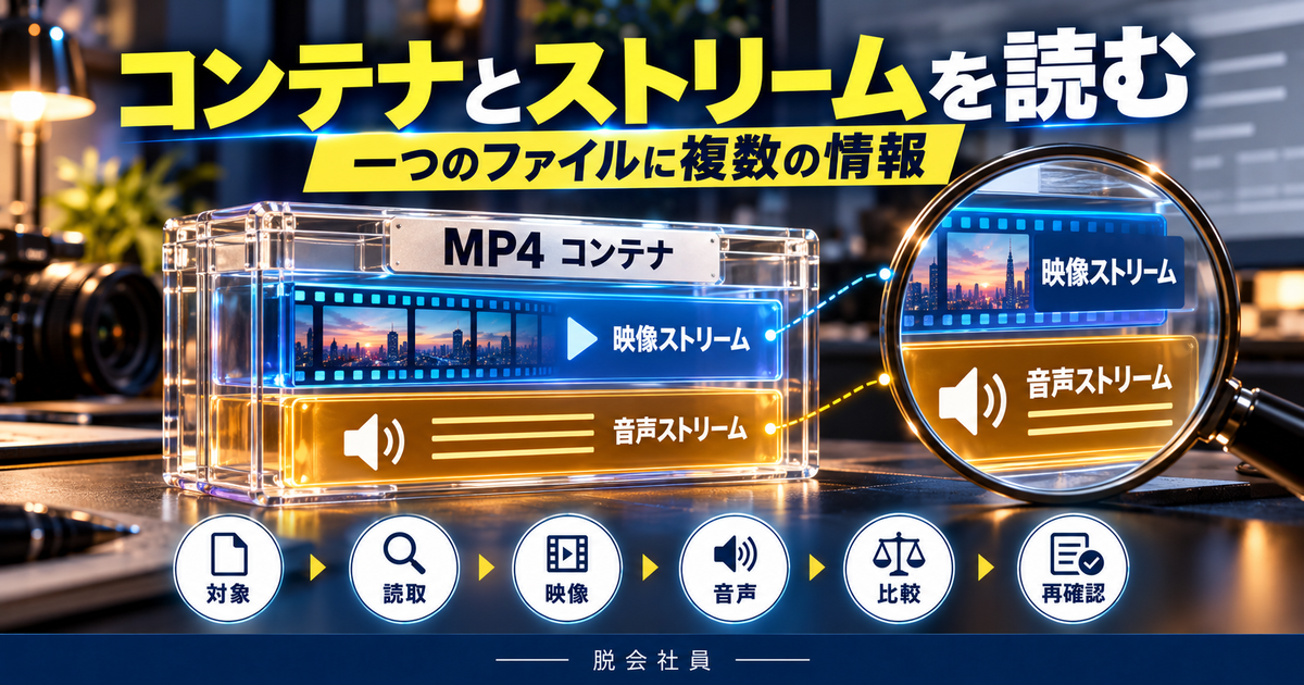 コンテナの中の映像と音声ストリームを分けて読む構造図解
