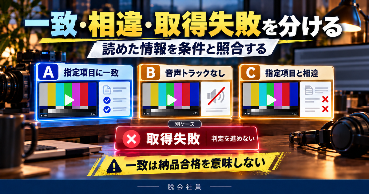 Aの指定一致・Bの音声なし・Cの指定相違と取得失敗を分ける図解