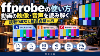 ffprobeの3動画教材で指定項目一致・音声なし・指定相違を分ける写真調図解