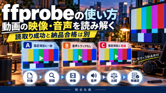 ffprobeの3動画教材で指定項目一致・音声なし・指定相違を分ける写真調図解