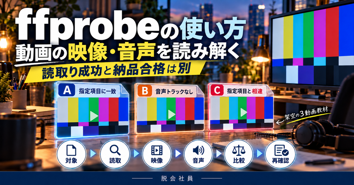 ffprobeの3動画教材で指定項目一致・音声なし・指定相違を分ける写真調図解