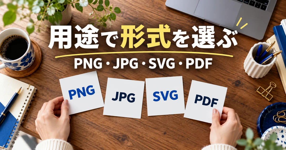 用途で形式を選ぶ(PNG・JPG・SVG・PDF)の説明用生成画像