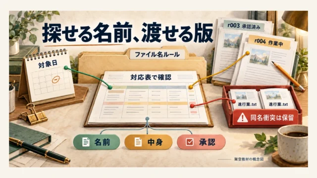 ファイル名の日付と版番号を整理し、同名衝突を確認する図