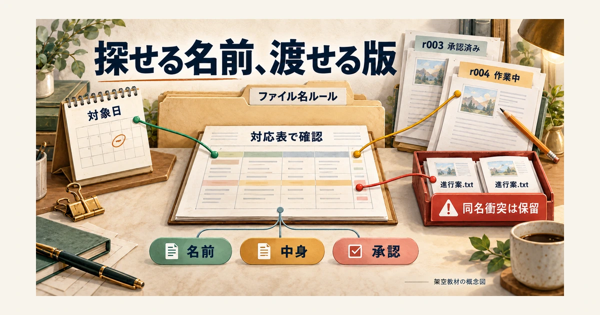 ファイル名の日付と版番号を整理し、同名衝突を確認する図