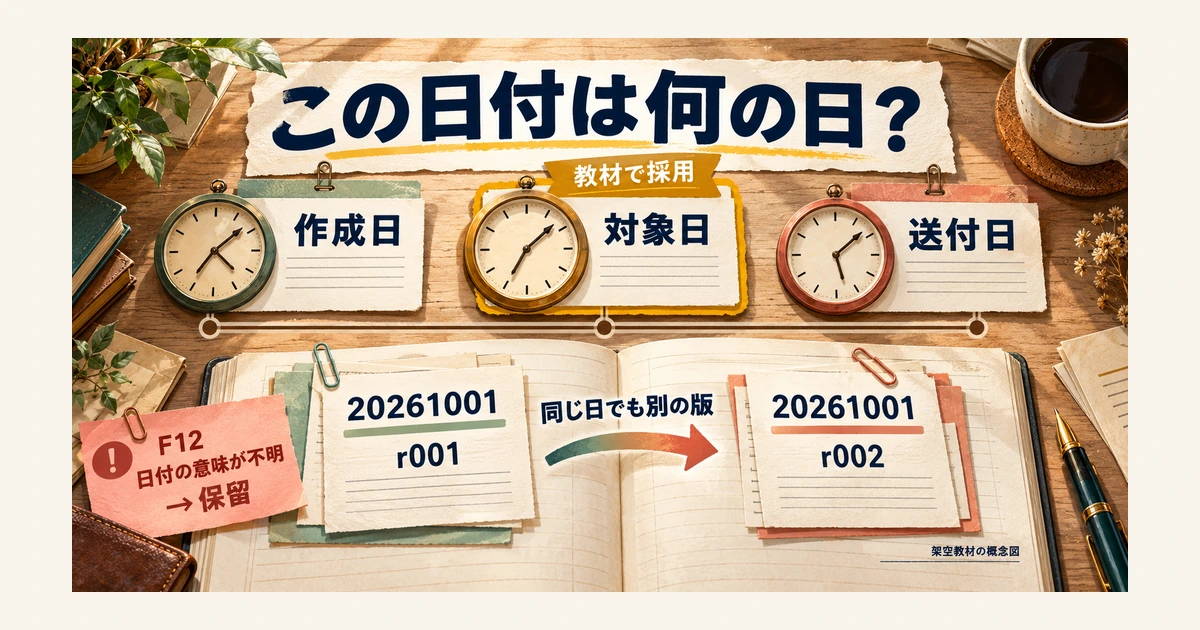 作成日、文書の対象日、送付日を区別し、版番号を付ける例