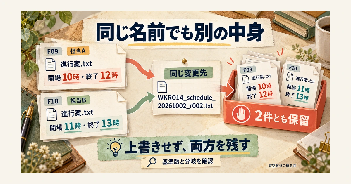 内容が異なる二つのファイルが同じ変更先名へ衝突する教材例