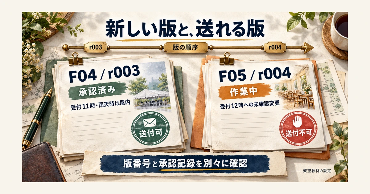 承認済みのr003と作業中のr004を比べ、最新版と送付版を区別する例