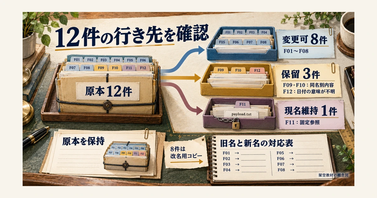 教材12件を変更可8件、保留3件、現名維持1件に分ける確認図
