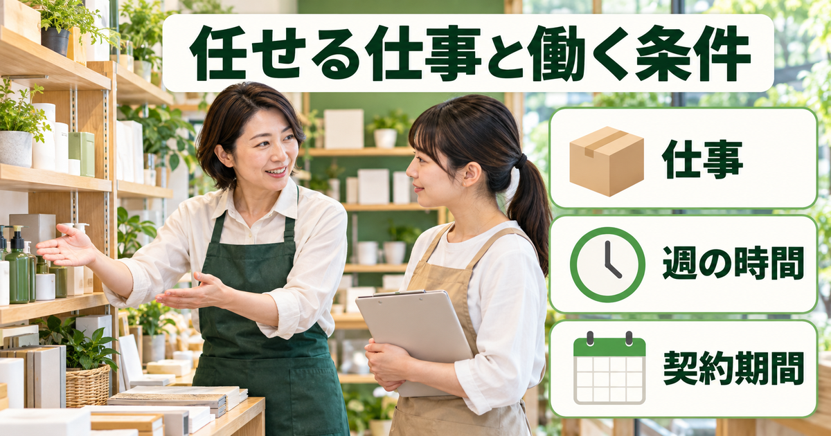 小売店で任せる仕事、週の時間、契約期間の三つを確認する店主と従業員