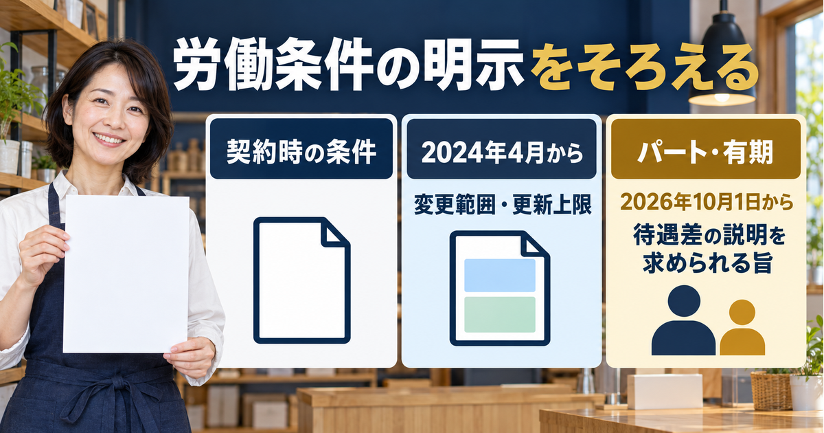 契約時の条件、2024年の変更範囲・更新上限、2026年10月のパート・有期向け追加明示を分けて整理する