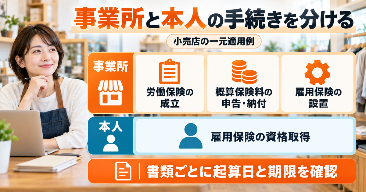 小売店の一元適用例で事業所側の成立・申告納付・設置と本人の雇用保険資格取得を二段に分ける