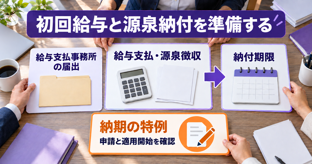 給与支払事務所の届出、給与支払時の源泉徴収、納付期限と納期の特例の適用開始を別々に確認する
