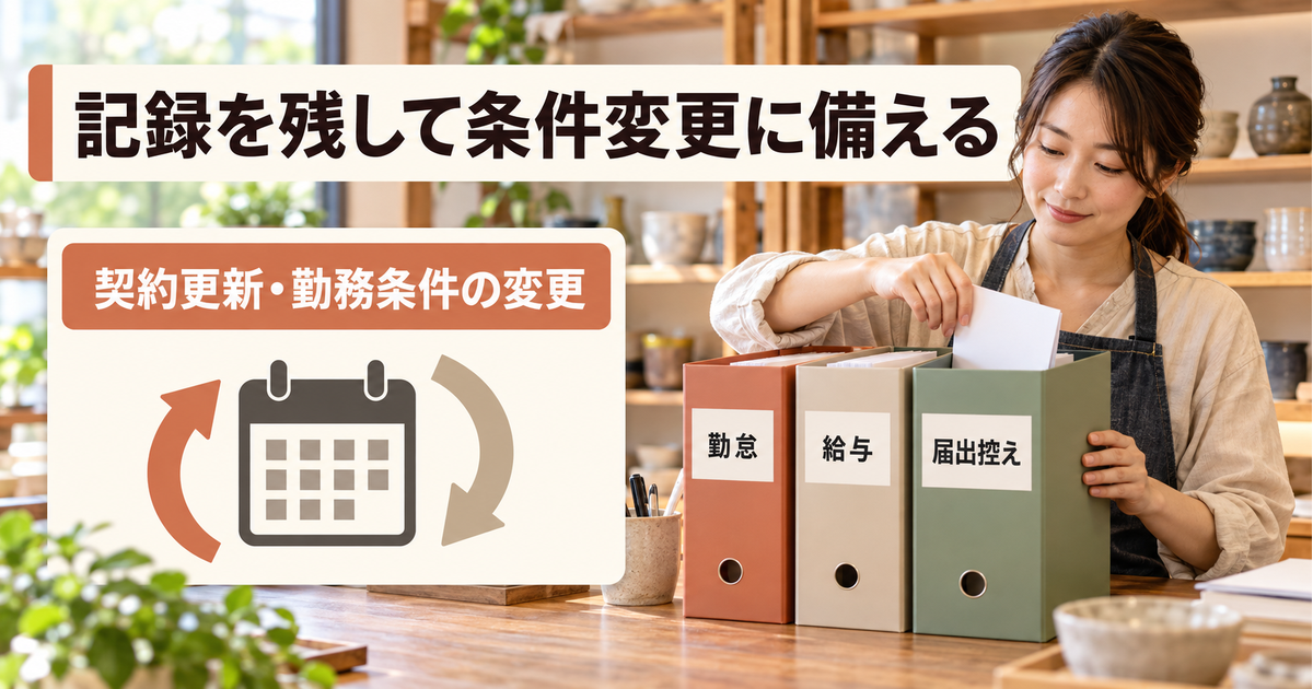 勤怠・給与・届出控えを保管し、契約更新や勤務条件の変更に備える小売店主