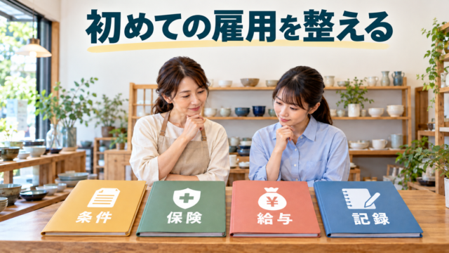 初めての雇用に向け、小売店主と新しい従業員が条件・保険・給与・記録を整理する