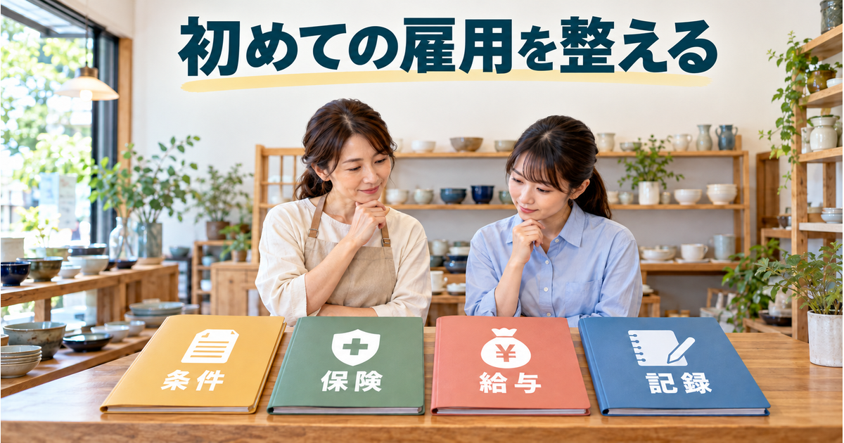 初めての雇用に向け、小売店主と新しい従業員が条件・保険・給与・記録を整理する