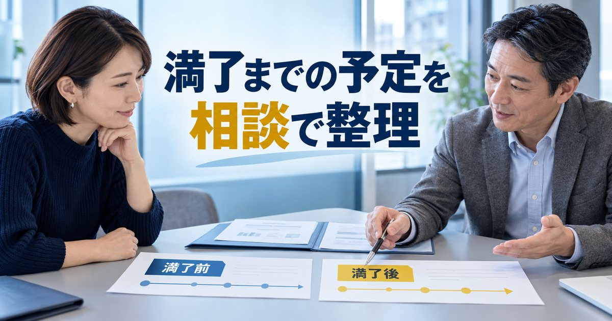 契約満了の前後で会社への確認と相談事項を整理するイメージ