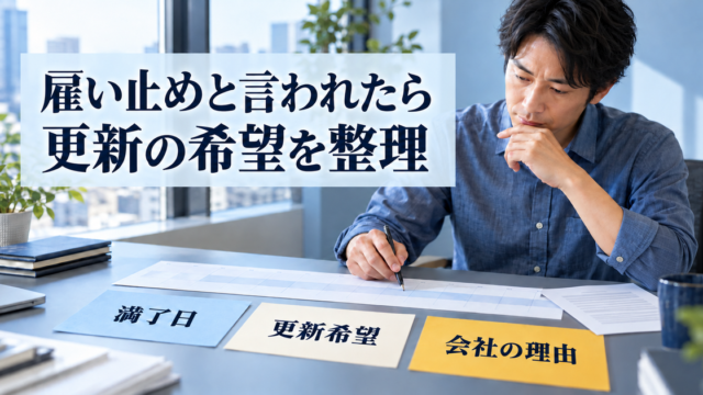 雇い止めを告げられたときに満了日・更新希望・会社の理由を整理するイメージ