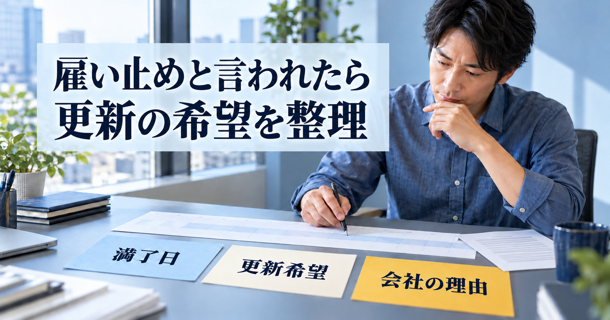 雇い止めを告げられたときに満了日・更新希望・会社の理由を整理するイメージ
