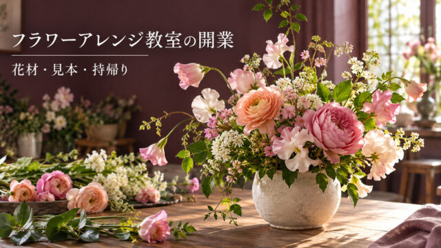 小さな生花アレンジと準備用の花材から、花教室の一回の準備を表す架空の生成イメージ