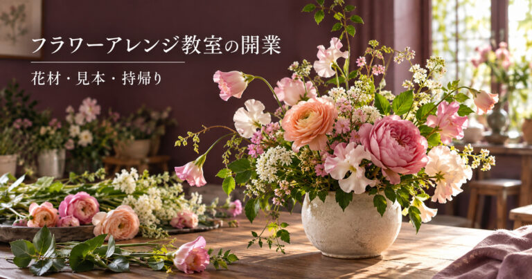 小さな生花アレンジと準備用の花材から、花教室の一回の準備を表す架空の生成イメージ