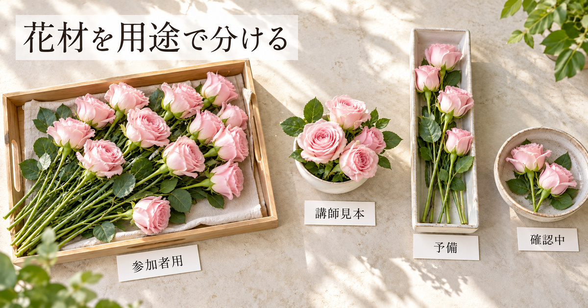 参加者用・講師見本・予備・確認中の花材を別に置く、架空の用途分けイメージ