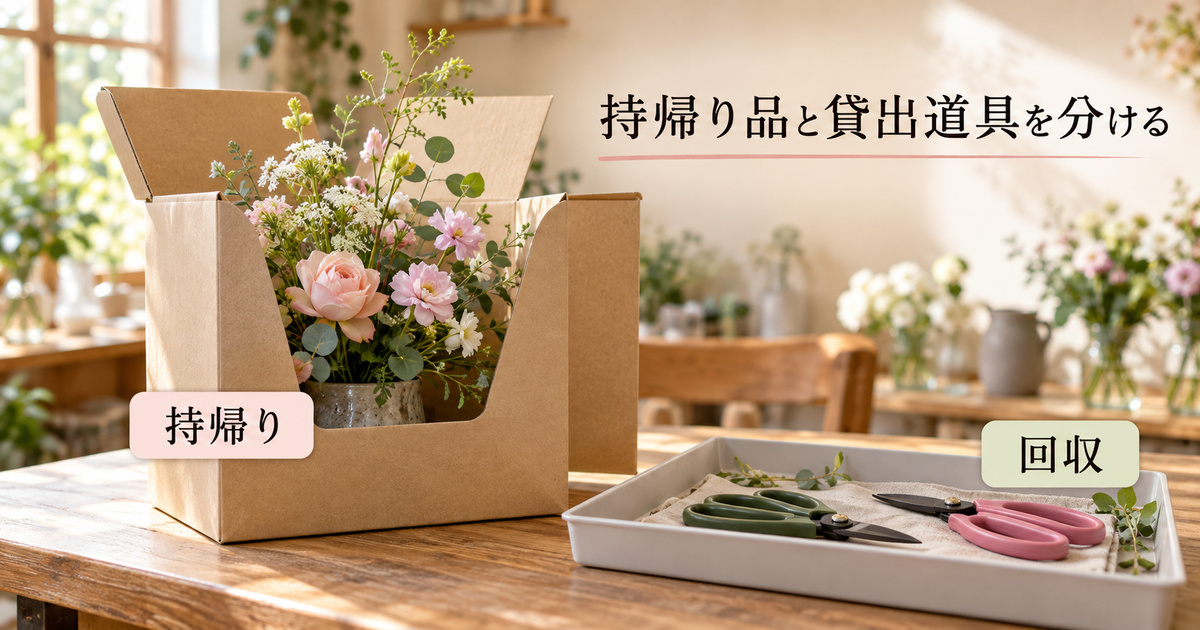 作品の持帰り箱と、教室へ返す貸出道具のトレーを分ける架空の生成イメージ