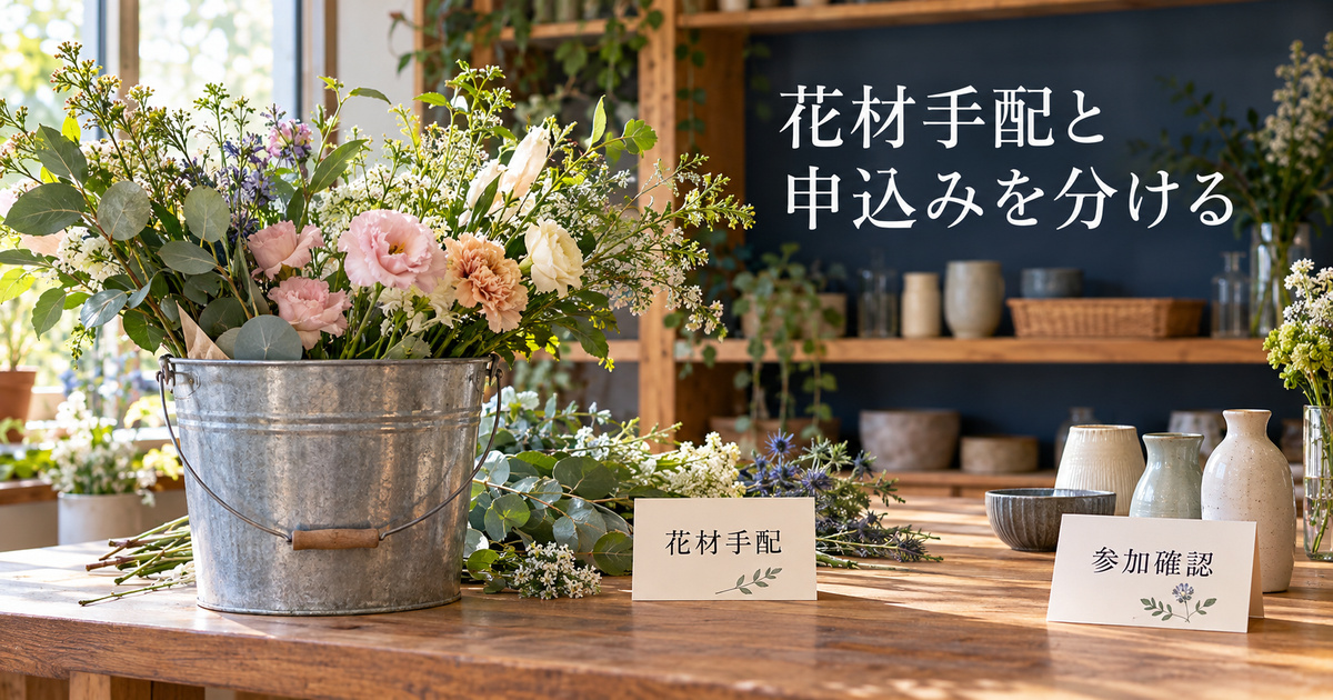 仕入れた花材と参加準備を別々に照合する、架空の教室準備イメージ