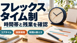 フレックスタイム制の時間帯と清算期間を、時計と勤務表で確認する解説図