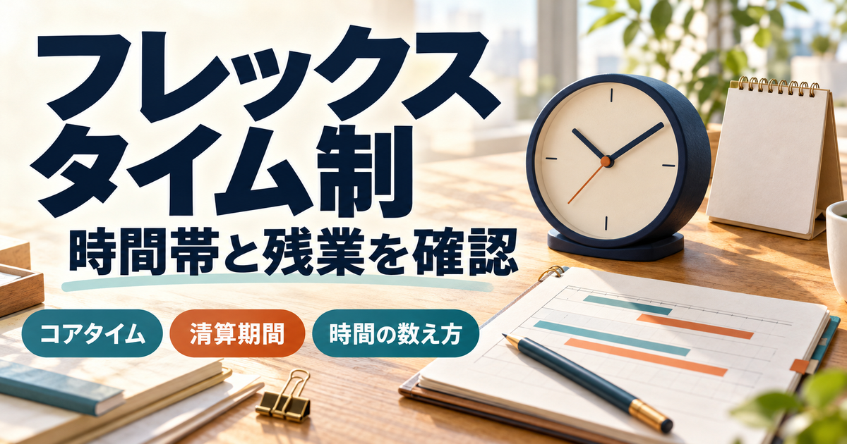 フレックスタイム制の時間帯と清算期間を、時計と勤務表で確認する解説図