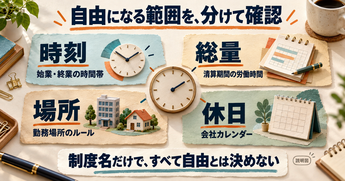 働く時刻、総時間、勤務場所、休日は別々の条件であることを整理した図