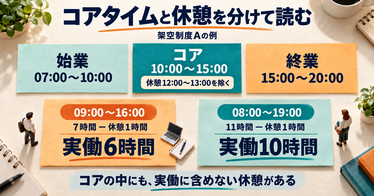 架空制度Aの始業7〜10時、終業15〜20時、コア10〜15時と12〜13時の休憩を示す図