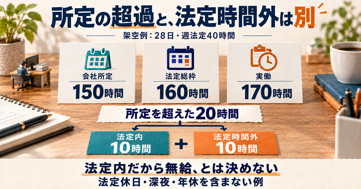 所定150時間、法定総枠160時間、実働170時間を比べ、所定超20時間を法定内10と法定時間外10に分ける図