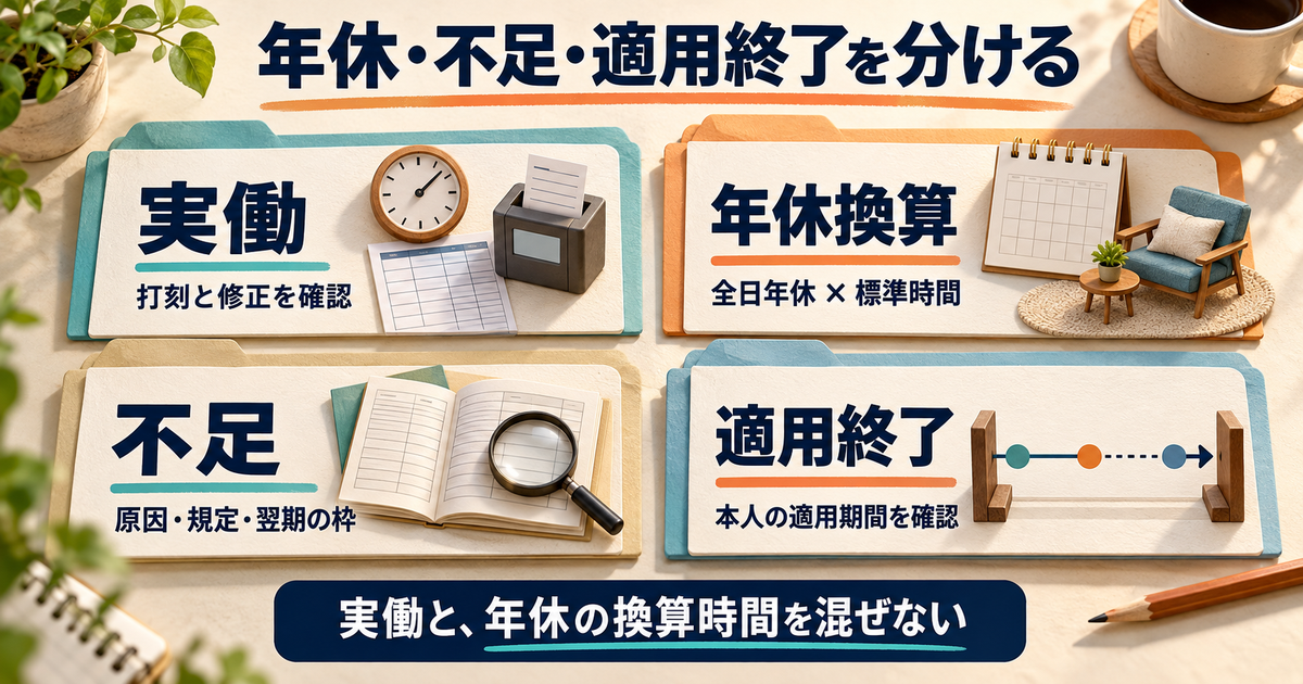 実際に働いた時間、全日年休の換算、不足時間、本人の適用期間を別の欄で確認する図