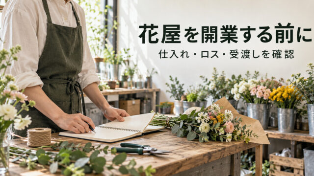 花束と計画ノートを前に開業準備を考える架空の写真調イメージ