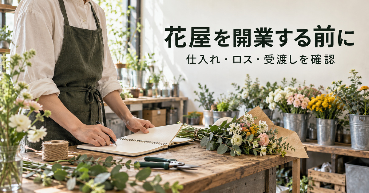 花束と計画ノートを前に開業準備を考える架空の写真調イメージ