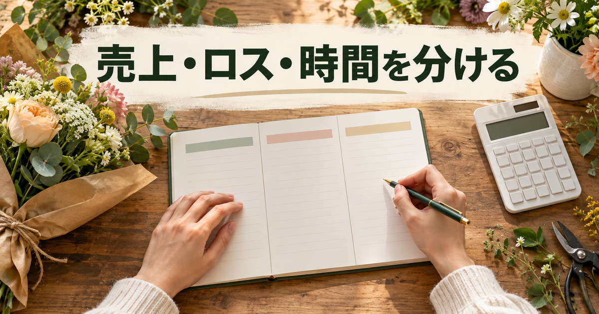 花の本数、入出金、作業時間を別の欄に記録する写真調イメージ