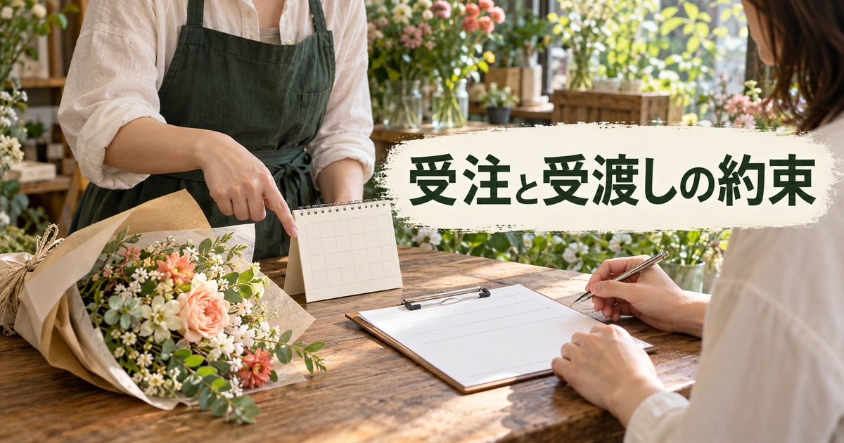 花束の用途と受渡し条件を注文票で相談する写真調イメージ