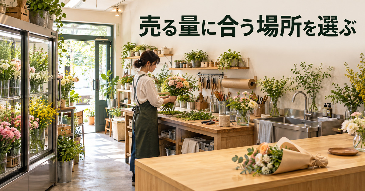 制作台、保管場所、受渡し動線を見比べる小さな花屋の写真調イメージ