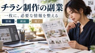 チラシ制作の副業で、一枚に必要な情報を整える。原稿・紙面・校了。