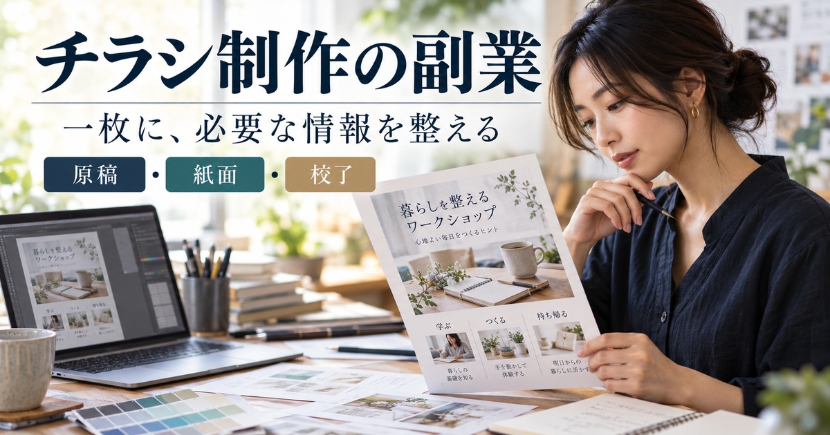 チラシ制作の副業で、一枚に必要な情報を整える。原稿・紙面・校了。