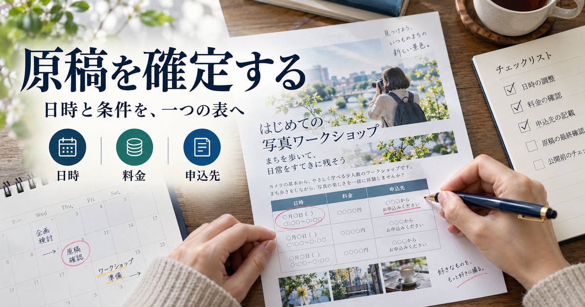 日時・料金・申込先を原稿台帳で確定する。