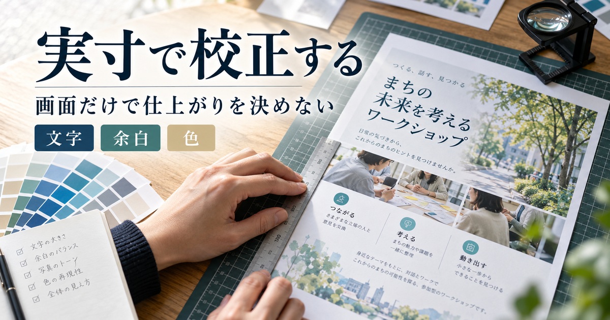 文字・余白・色を実寸で校正し、画面だけで判断しない。