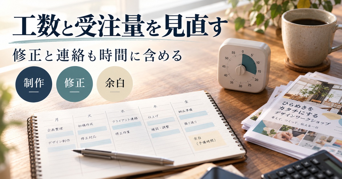 制作・修正・連絡の工数と余白から受注量を見直す。